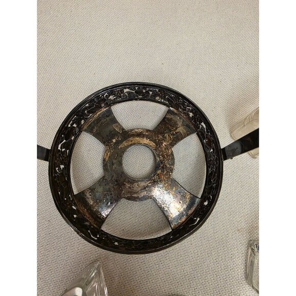 Vintage Ornate Silver Plate Glass Cruet Set With Decorative Handle & Fruit Motif - Picture 5 of 15